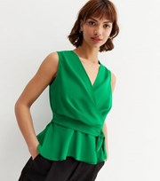New Look Green Sleeveless Wrap Peplum Blouse